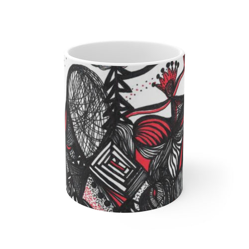 White Ceramic Mug--Masks